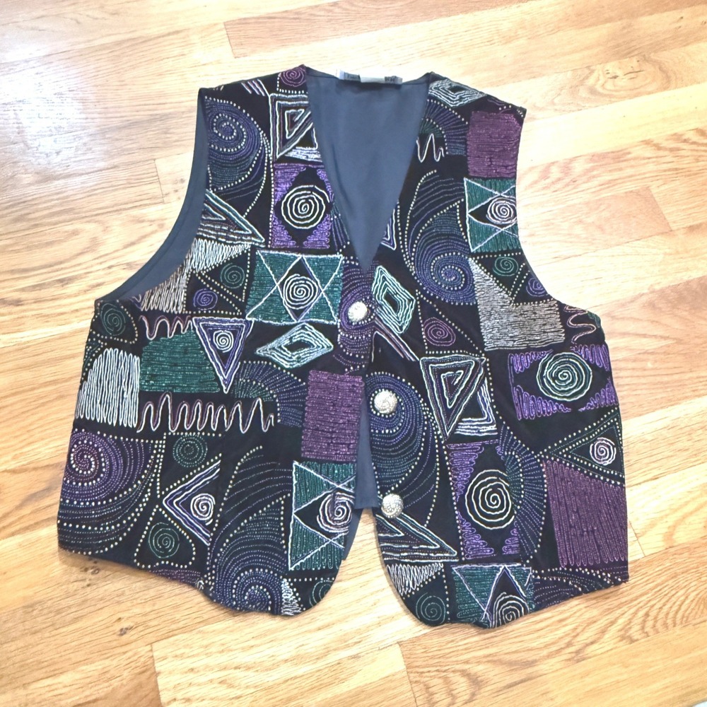 Vintage Dress Barn Geometric Velvet Vest Purple Teal Abstract Art to Wear L